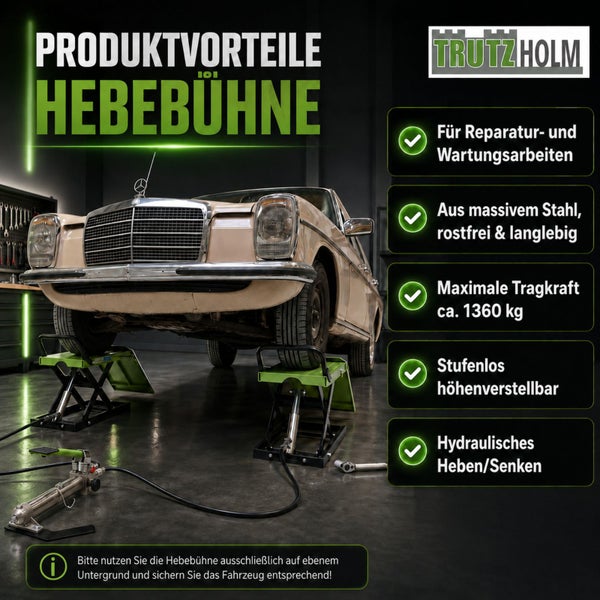 Trutzholm Logo. Hebebühne aus massivem Stahl für Wartungsarbeiten, Tragkraft 1360 Kilogramm, stufenlos höhenverstellbar, hydraulisch. Auto in Werkstatt.