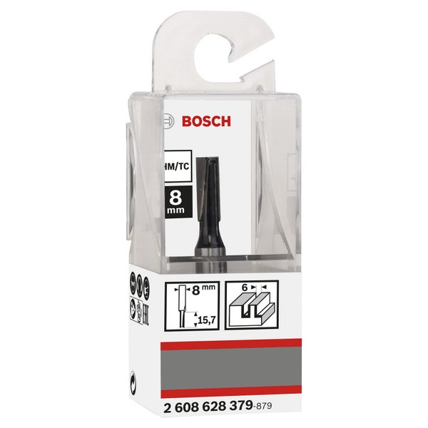 Bosch Logo. Nutfräser mit acht Millimeter Durchmesser in Verpackung.