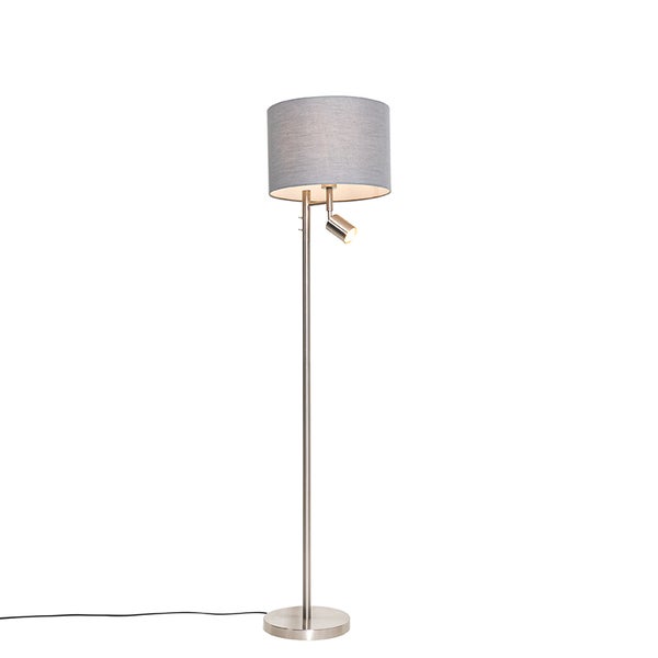 QAZQA - Modern Stehlampe Stahl I Silber I nickel matt mit Schirm grau und Leselampe - Jelena I Wohnzimmer I Schlafzimmer - Stahl Rund - LED geeignet E27