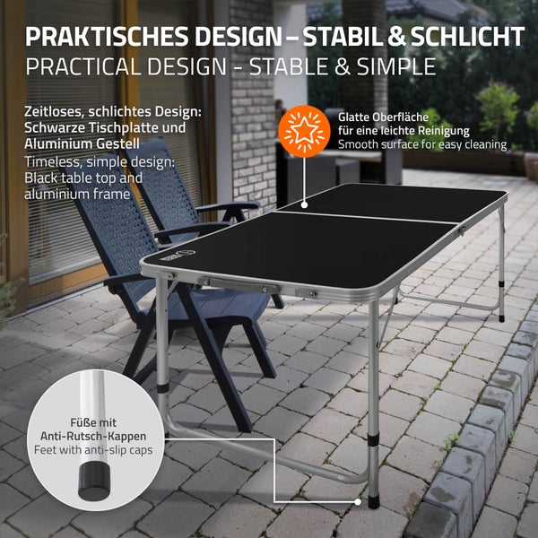 ECD Germany Alu Campingtisch Klapptisch, höhenverstellbar 120x60x54-70 cm, Schwarz, HDPE-Platte, klappbar, tragbar, leicht, Falttisch mit Griff, Koffertisch Gartentisch Reisetisch Balkontisch Esstisch