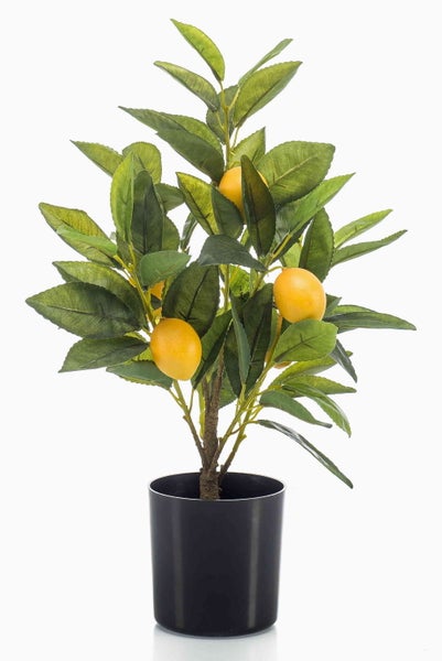 Künstlicher Zitronenbaum mit grünen Blättern und gelben Früchten im schwarzen Kunststofftopf.