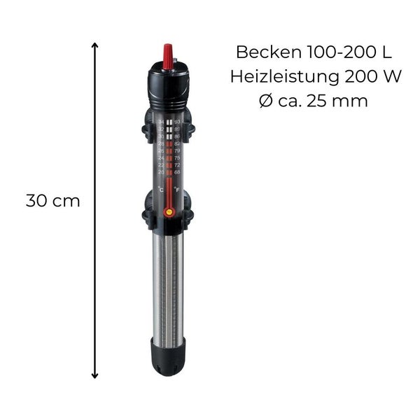 Aquarienheizer mit 200 Watt Heizleistung und einer Länge von 30 Zentimeter für Aquarien von 100 bis 200 Liter