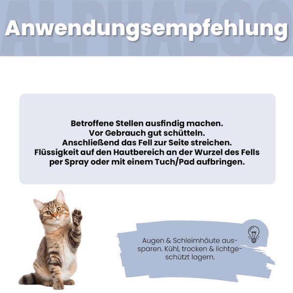 Anwendungsempfehlung mit Anweisungen und einer Katze.