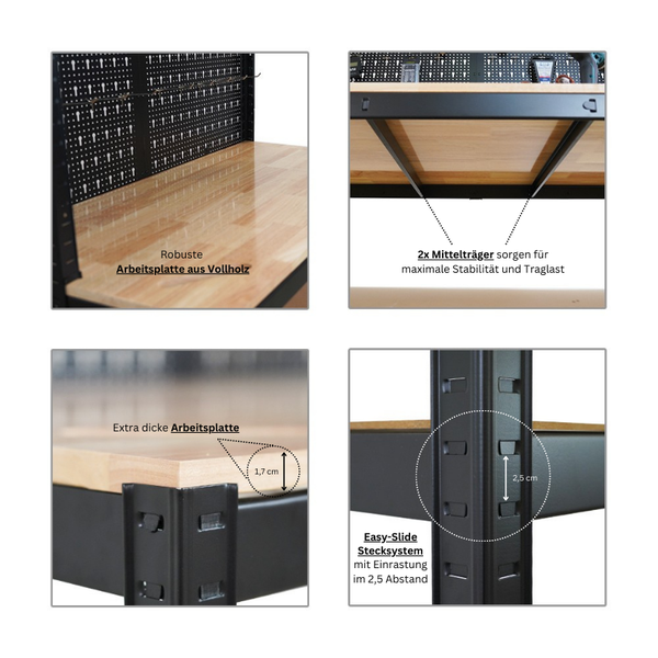 PROREGAL Mega Deal 4x Profi Werkbank GIANT BEAST mit Lochwand HxBxT 180x120x60cm Fachlast 175kg inkl. Werkzeughalter Set Schwarz Arbeitstisch