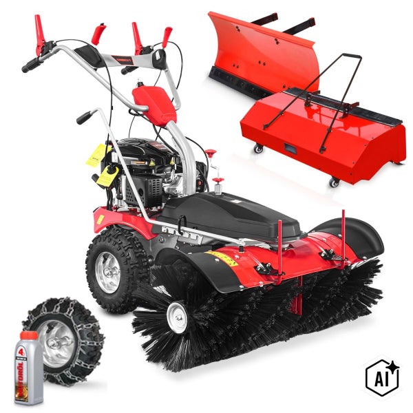 Benzin Kehrmaschine mit Kehrbesen, Schneeschild, Kehrgutbehälter, Schneeketten und Motoröl