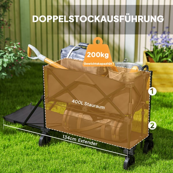 Outsunny Gartenwagen 200 kg belast zweistufige Transportwagen mit herausnehmbare Plane Griff  Rädern Lenkachse klappbar Bollerwagen Handwagen Gartenkarre Gerätewagen für Haus, Garten Schwarz
