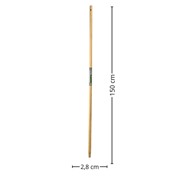 Holzstiel mit einer Länge von 150 Zentimetern und einem Durchmesser von 2,8 Zentimetern.