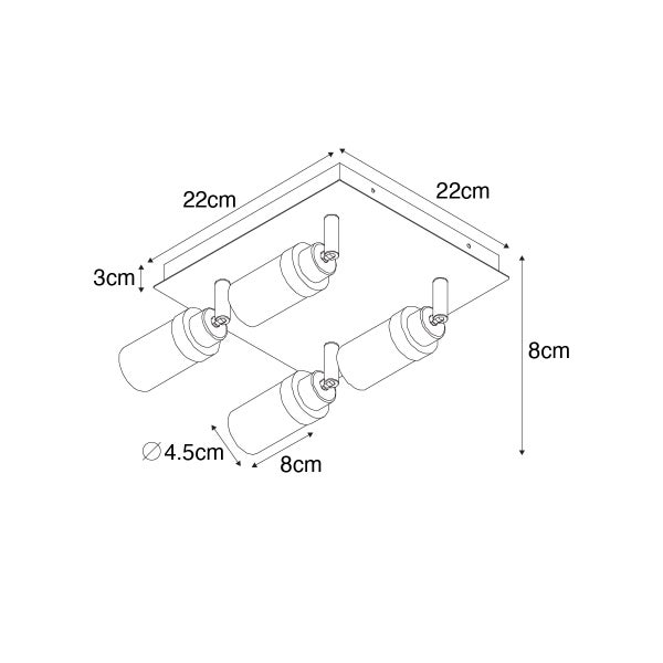 Technische Zeichnung einer Deckenleuchte mit vier Strahlern und Maßangaben