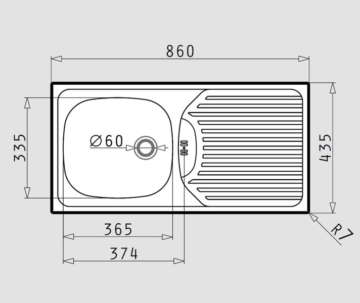 Zeichnung einer Spüle mit den Maßen 860 x 435 Millimeter