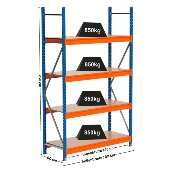 Lagerregal mit vier Ebenen und einer Traglast von 850 Kilogramm pro Ebene