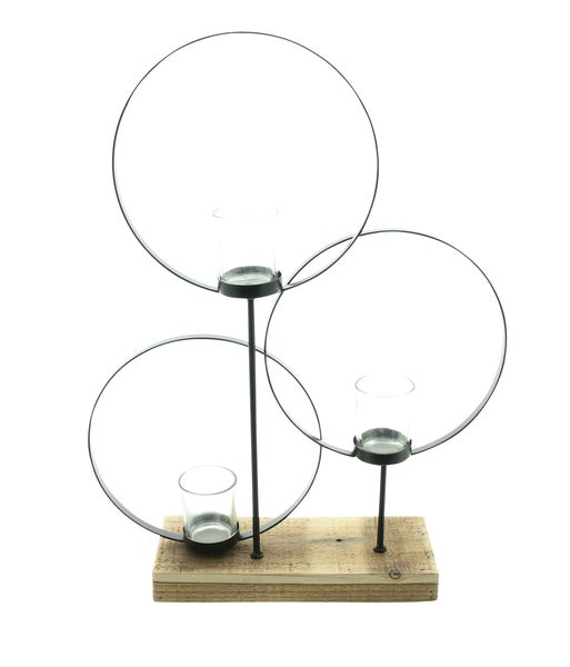 FRANK FLECHTWAREN | Windlicht Kreise, HOLZ, METALL, GLAS, 35 x 9,5 x 47 cm