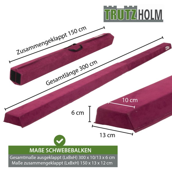 Trutzholm Logo, Schwebebalken, klappbar, Länge 300 Zentimeter, zusammengeklappt 150 Zentimeter, Breite 10 bis 13 Zentimeter, Höhe 6 Zentimeter.