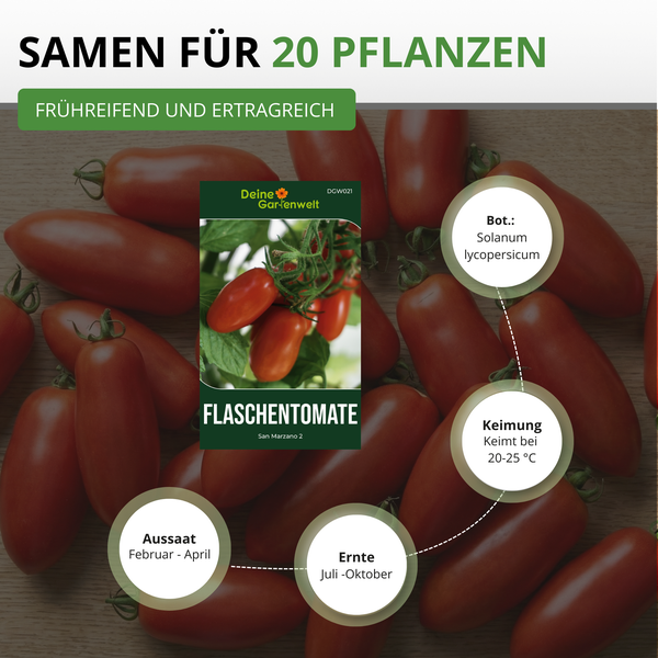 Samentüte für Flaschentomate San Marzano 2, Samen für 20 Pflanzen, frühreifend und ertragreich, Aussaat Februar bis April.