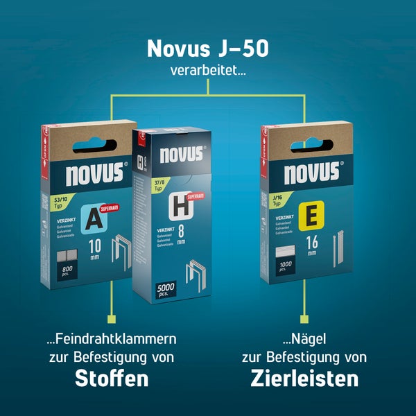 Novus Tools Handtacker J-50, Profi-Tacker aus Aluminium geeignet für Feindrahtklammern 6-14mm & Nägel 16mm 030-0449