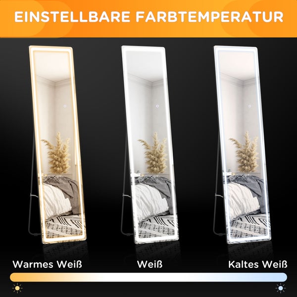 HOMCOM 2 in 1 Standspiegel, Ganzkörperspiegel mit LED-Beleuchtung, freistehender Ankleidespiegel, Wandspiegel, Schminkspiegel für Schlafzimmer, Wohnzimmer, 40 x 37 x 157,5 cm, Aluminium, Silber+Schwarz