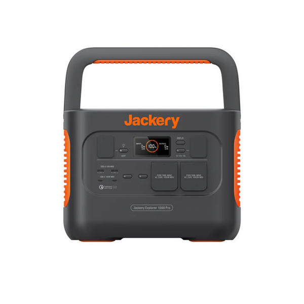Jackery Explorer 1000 Pro tragbare Powerstation mit Tragegriff, digitalem Display und verschiedenen Anschlüssen.