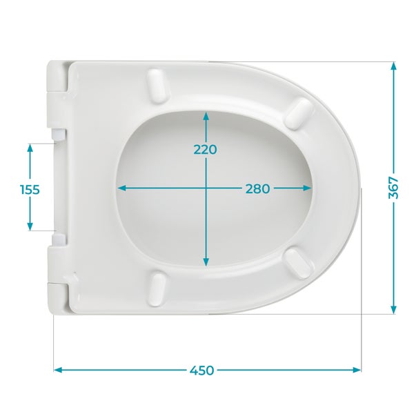 WC Sitz mit Bemaßung in Millimetern für die Montage an einer Toilette