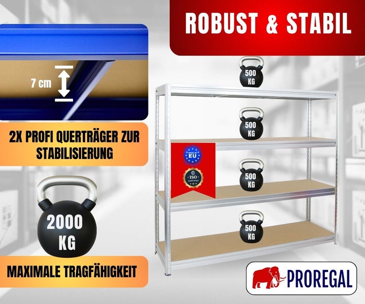 Schwerlastregal aus Metall, vier Holzböden, 2000 Kilogramm Tragkraft, 7 Zentimeter Querträger, europäische Herstellung, ISO-zertifiziert, Proregal Logo.