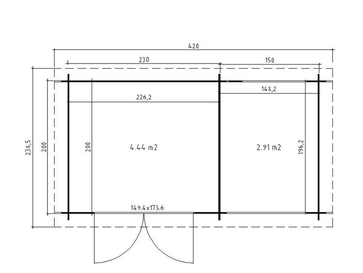 Technischer Grundriss Gartenhaus mit zwei Räumen. Breite 420 Zentimeter, Tiefe 238,5 Zentimeter. Innenflächen 4,44 und 2,91 Quadratmeter.