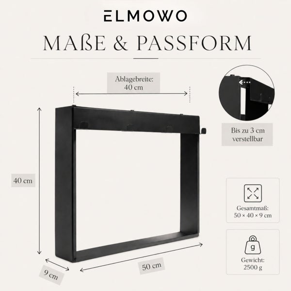 Technische Zeichnung der Elmowo Ablage mit Maßen 50 mal 40 mal 9 Zentimeter und verstellbarer Halterung bis 3 Zentimeter.