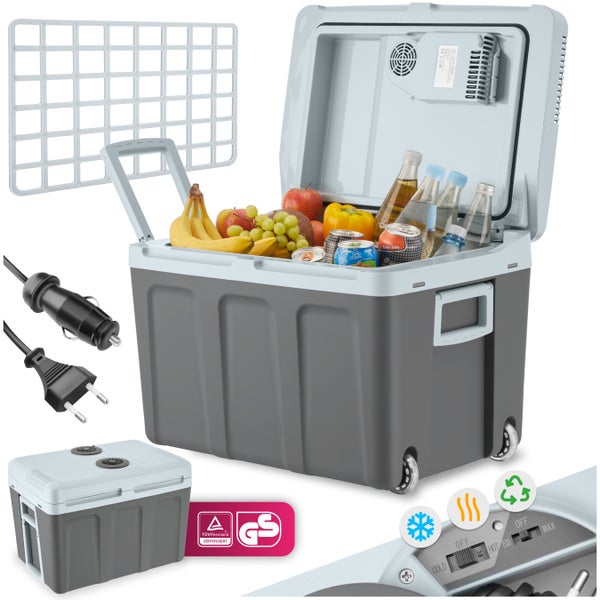 Elektrische Kühlbox mit Rollen, Obst, Getränken, Stromkabel und Stecker