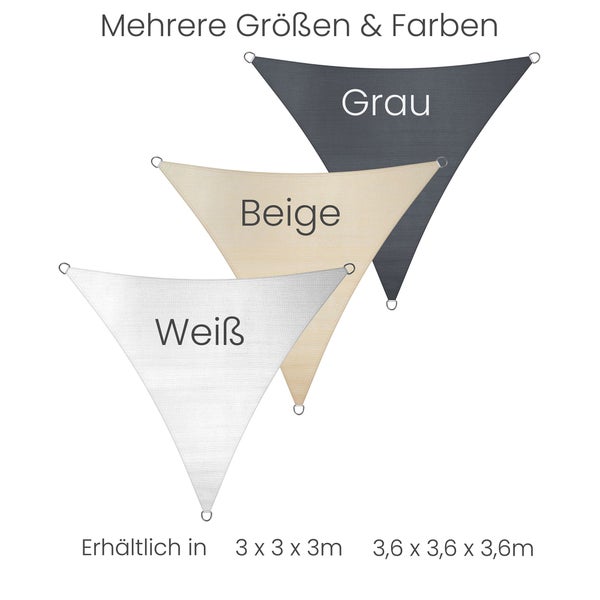 Dreieckige Sonnensegel in Weiß, Beige und Grau. Erhältlich in den Größen 3 mal 3 mal 3 Meter und 3,6 mal 3,6 mal 3,6 Meter.