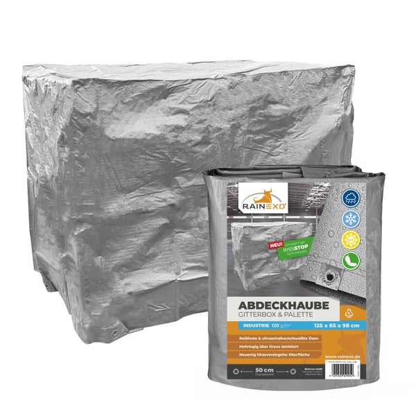 Rainexo Abdeckhaube für Gitterboxen und Paletten, 125 mal 85 mal 98 Zentimeter, 120 Gramm pro Quadratmeter, reißfest und UV-beständig.