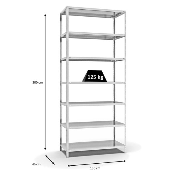 PROREGAL Fachbodenregal Schraubsystem Light-Duty Grundregal HxBxT 300 x 130 x 60 cm 7 Ebenen Fachlast 125 kg Beidseitig Nutzbar Lichtgrau