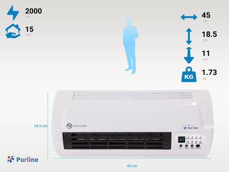 Purline Heizlüfter mit technischen Details zu Leistung und Abmessungen