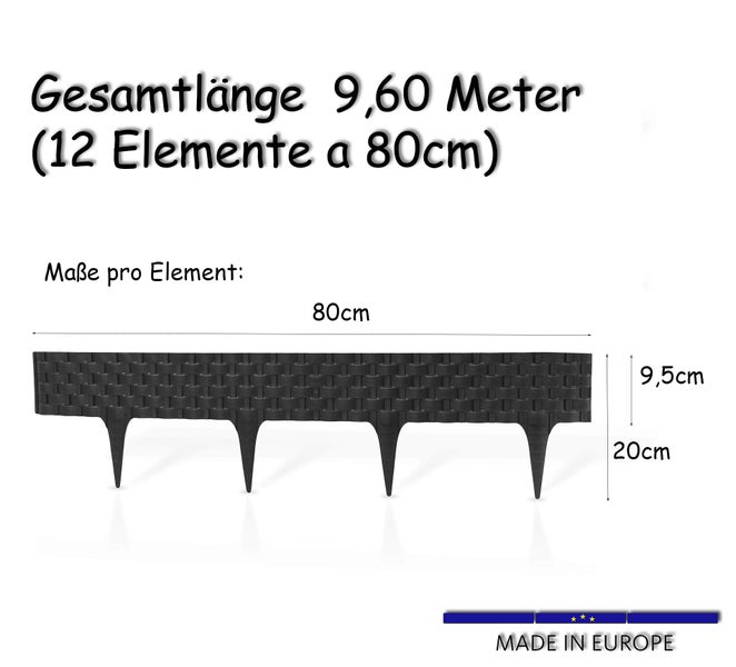 Abmessungen eines Beetelements: 80 cm breit, 9,5 cm hoch, mit 20 cm langen Erdspießen
