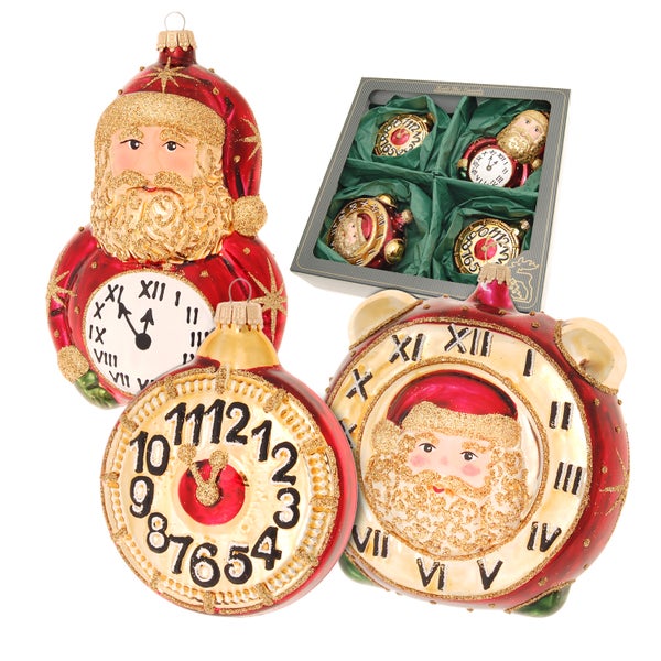 Burgund/Gold 7-15cm Sortiment Santa und Uhren, Glasornamente, mundgeblasen und handdekoriert, 4 Stck., Weihnachtsbaumkugeln, Christbaumschmuck, Weihnachtsbaumanhänger
