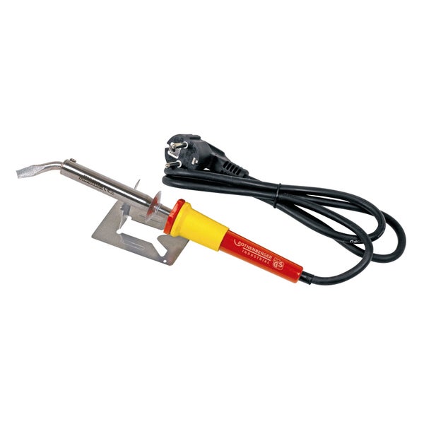 Elektrischer Lötkolben mit Rothenberger Industrial Logo, Metallständer und schwarzem Netzkabel.