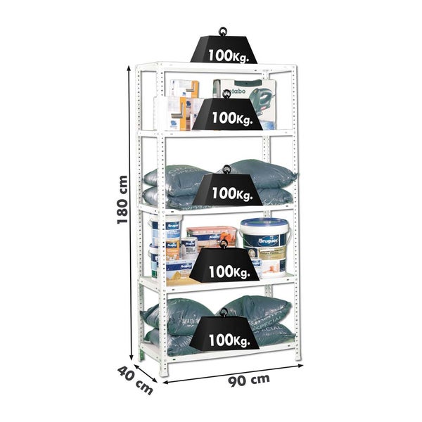 Weißes Metallregal mit 5 Böden, 180 Zentimeter hoch, 90 Zentimeter breit, 40 Zentimeter tief, Tragkraft pro Boden 100 Kilogramm.