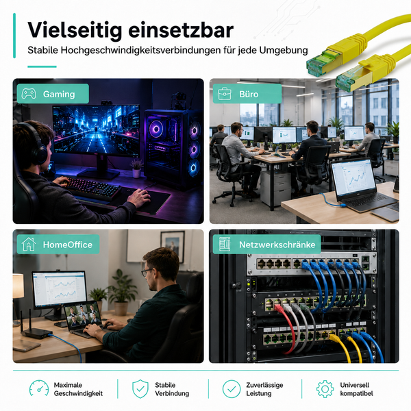 Vielseitiges LAN-Kabel für Gaming, Büro, Home Office und Netzwerkschränke mit stabiler Hochgeschwindigkeitsverbindung.