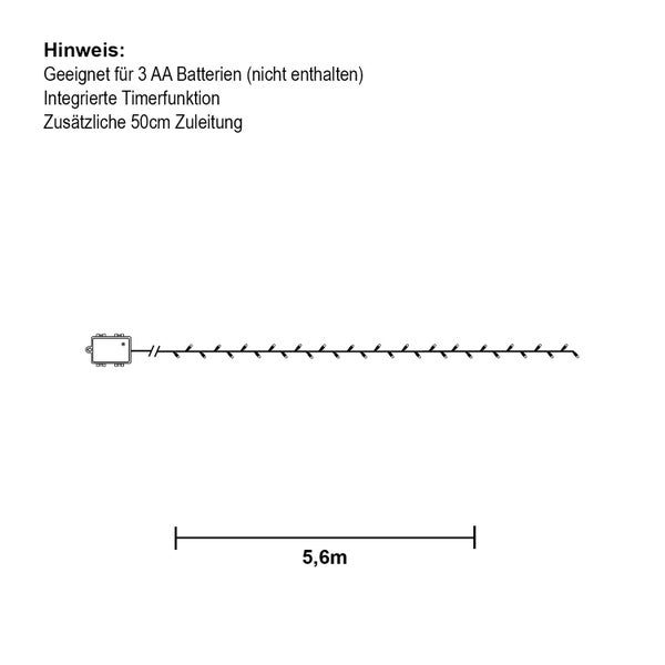 Skizze einer 5,6 Meter langen Lichterkette mit Batteriebetrieb und Timerfunktion
