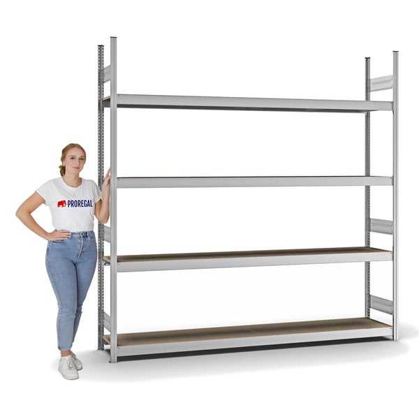 PROREGAL Weitspannregal Stecksystem T-Profil Grundregal HxBxT 250x250x40 cm 4 Ebenen Spanplatten Fachboden Fachlast 350 kg Verzinkt