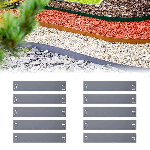 Gartenlandschaft mit Kies, Mulch und Rasen, eingefasst mit grauen Rasenkanten aus Metall in zehnfacher Ausführung.