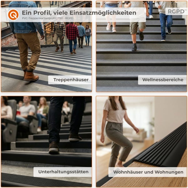 Treppenkantenprofil aus Polyvinylchlorid für Treppenhäuser, Wellnessbereiche, Unterhaltungsstätten und Wohngebäude. RGPD Logo.