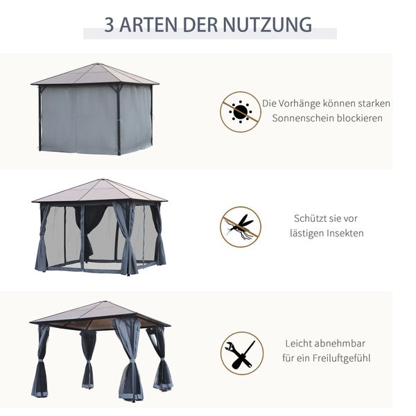 Outsunny Pavillon, 3 x 3m Gartenpavillon, 300L x 300B x 265H cm, PC, Alu, Dunkelgrau