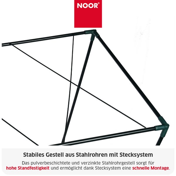 Noor Logo und stabiles Stahlrohrgestell eines Gewächshauses mit Stecksystem für eine schnelle Montage.