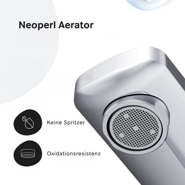 Neoperl Strahlregler für Wasserhahn, spritzfreier Wasserstrahl und Oxidationsbeständigkeit.