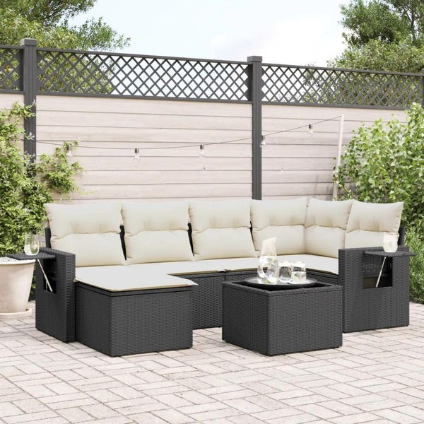 7-tlg. Garten-Sofagarnitur mit Kissen Schwarz Poly Rattan