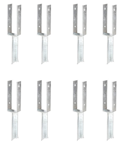 Acht verzinkte Pfostenträger zum Einbetonieren in U-Form mit vorgebohrten Löchern zur Befestigung von Holzbalken.