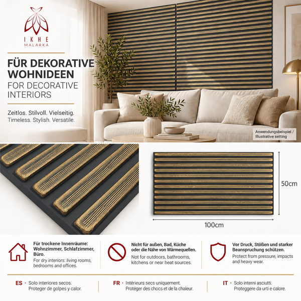 Dekoratives Wandpaneel in Holzoptik für Wohnräume mit Montageanleitung und Anwendungshinweisen.