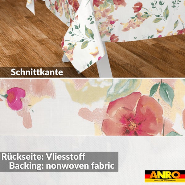Wachstuch-Tischdecke mit Blumenmuster, Schnittkante, Rückseite aus Vliesstoff und ANRO Logo.
