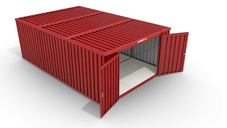 Lagercontainer Gerätehaus M3  – 18 qm, H2150 x B3050 x T6520 mm, Außenwandlackierung RAL 3000 feuerrot, Dach außen verzinkt, mit Holzfußboden, 2750 mm Doppelflügeltür mittig in Stirnseite, montiert