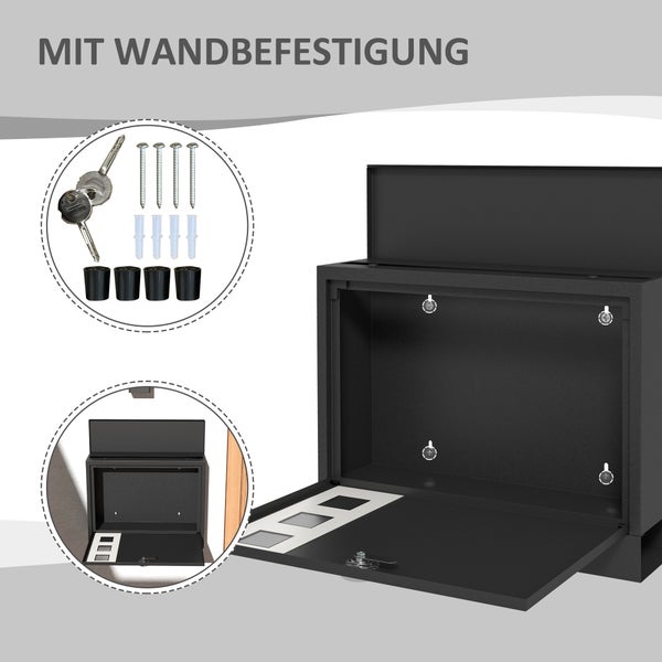 Schwarzer Wandbriefkasten aus Metall mit Zubehör für die Wandbefestigung, inklusive Schlüsseln, Schrauben, Dübeln und Abstandshaltern.