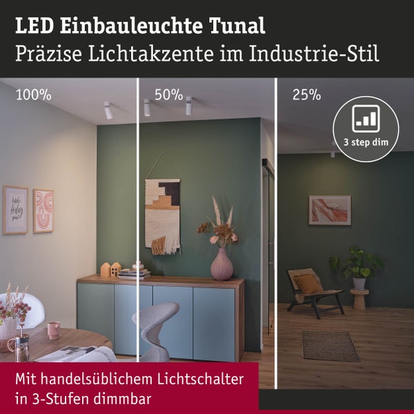 LED Einbauleuchte Tunal im Wohnzimmer, dreistufig dimmbar über Lichtschalter bei 100, 50 und 25 Prozent Helligkeit.