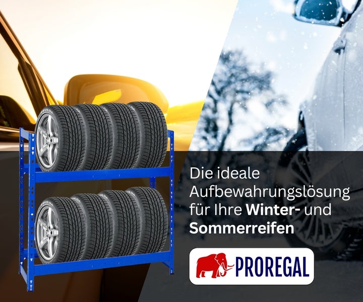 Reifenregal von PROREGAL mit zwei Ebenen zur Lagerung von acht Reifen auf Felgen für Sommer und Winter. PROREGAL Logo.