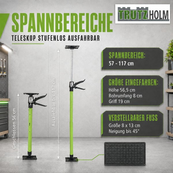 Trutzholm Teleskop Deckenstütze mit stufenlos verstellbarem Spannbereich von 57 bis 117 Zentimetern und neigbarem Fuß.